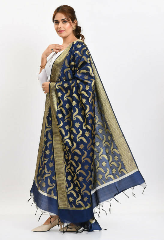 Mominos Fashion Moeza Women's Banarsi Silk Floral Woven Design Navy Blue Dupatta | Grocsy