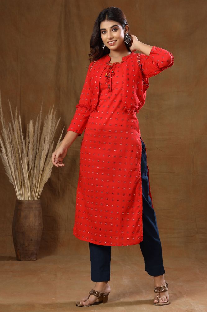 Kaajh Red Printed Jacket Kurta Pant Set For Women | Grocsy