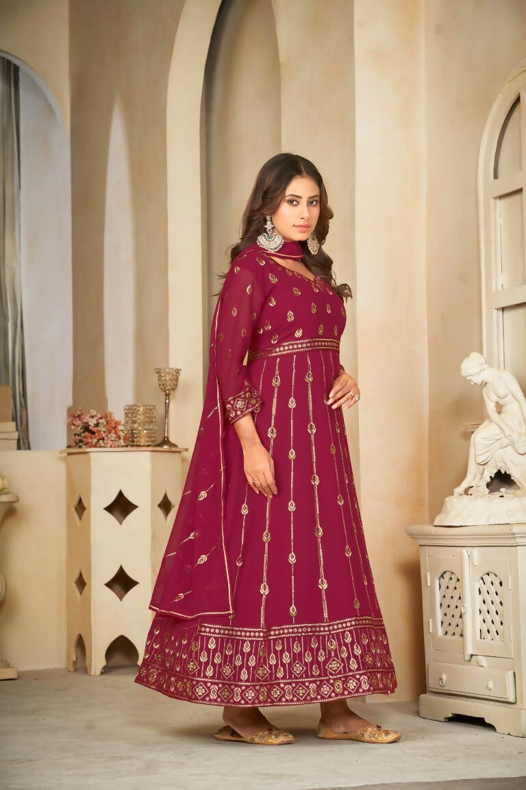 Jyoti Fashion Women's Rani Pink Georgette Embroidered Anarkali Kurta Pant Set With Dupatta | Grocsy