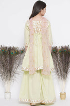 Little Bansi Floral Embroidery Jacket With Cotton Lurex Frock Sharara And Dupatta With Ghungroo Handwork - Bottle Green | Grocsy