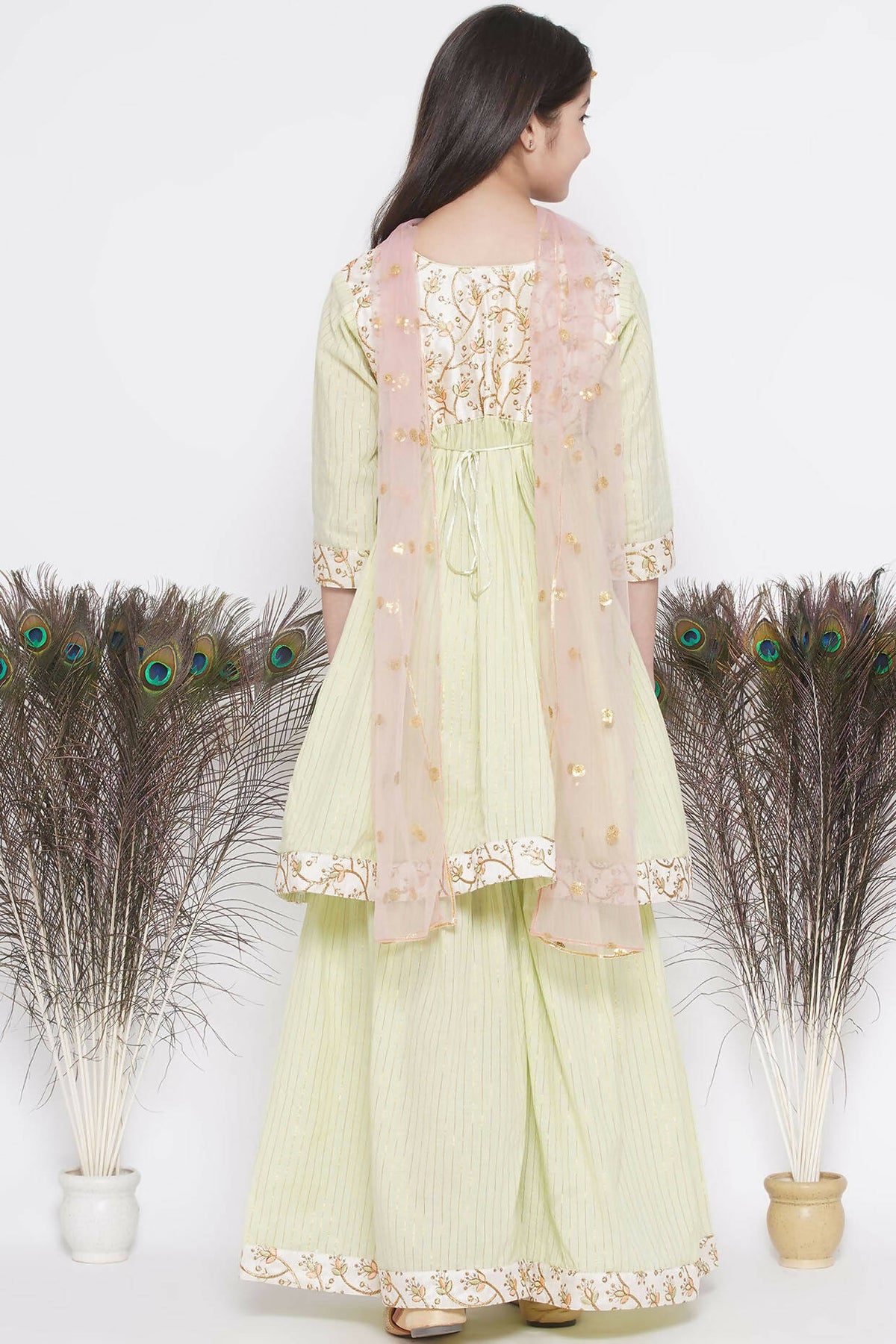 Little Bansi Floral Embroidery Jacket With Cotton Lurex Frock Sharara And Dupatta With Ghungroo Handwork - Bottle Green | Grocsy
