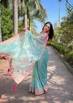 Vastranavya Twill Net Designer Embroidery & Colour Thread & Diamond work Saree with Blouse Material - Sky Blue | Grocsy