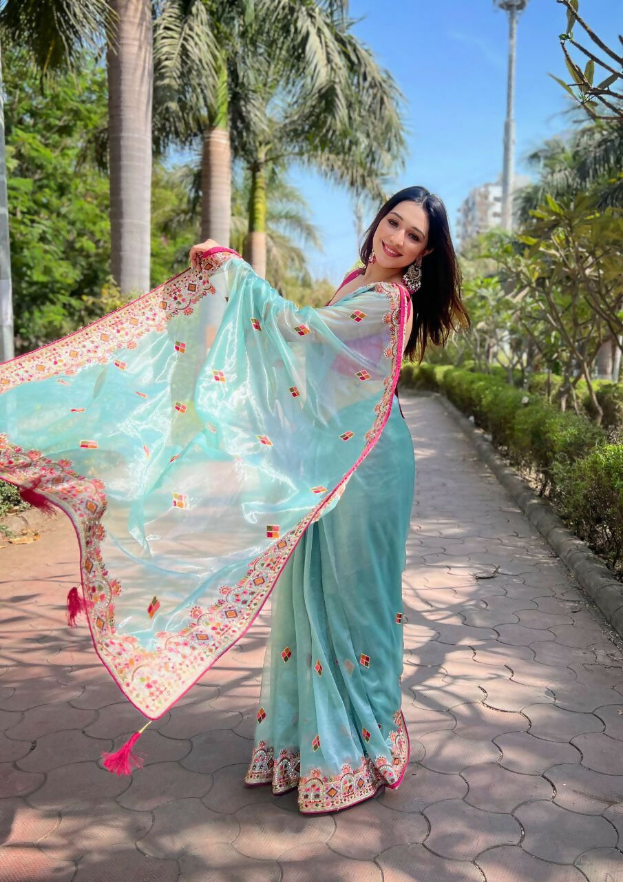 Vastranavya Twill Net Designer Embroidery & Colour Thread & Diamond work Saree with Blouse Material - Sky Blue | Grocsy