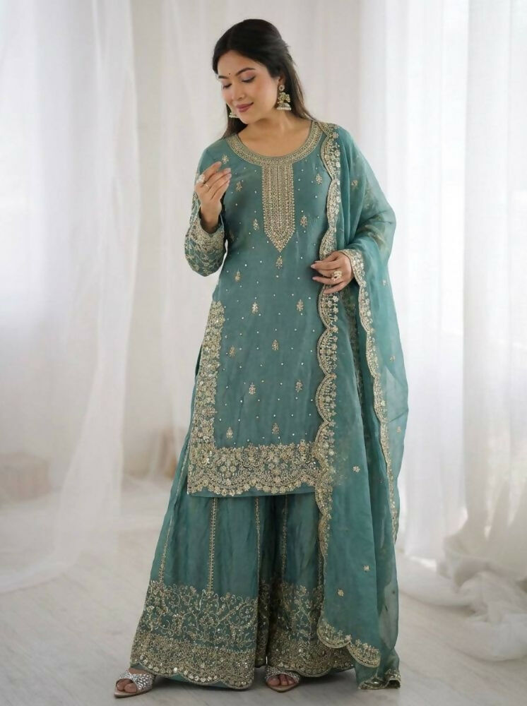 Teeya Creation Turquoise Color Fendy Silk Embroidery Work Wedding Wear Salwar Suit | Grocsy