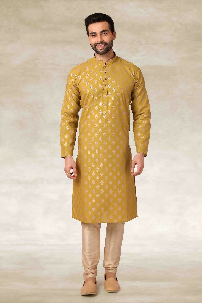 Raivat Ethnic Cotton Printed Work Kurta Pajama In Mustard Colour | Grocsy
