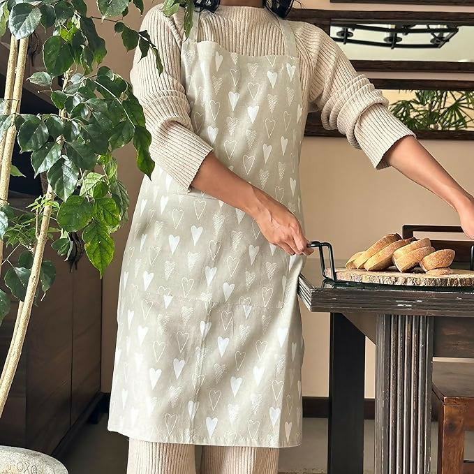 Oak & Lily 100% Cotton Kitchen Apron-Beige and Ivory | Grocsy