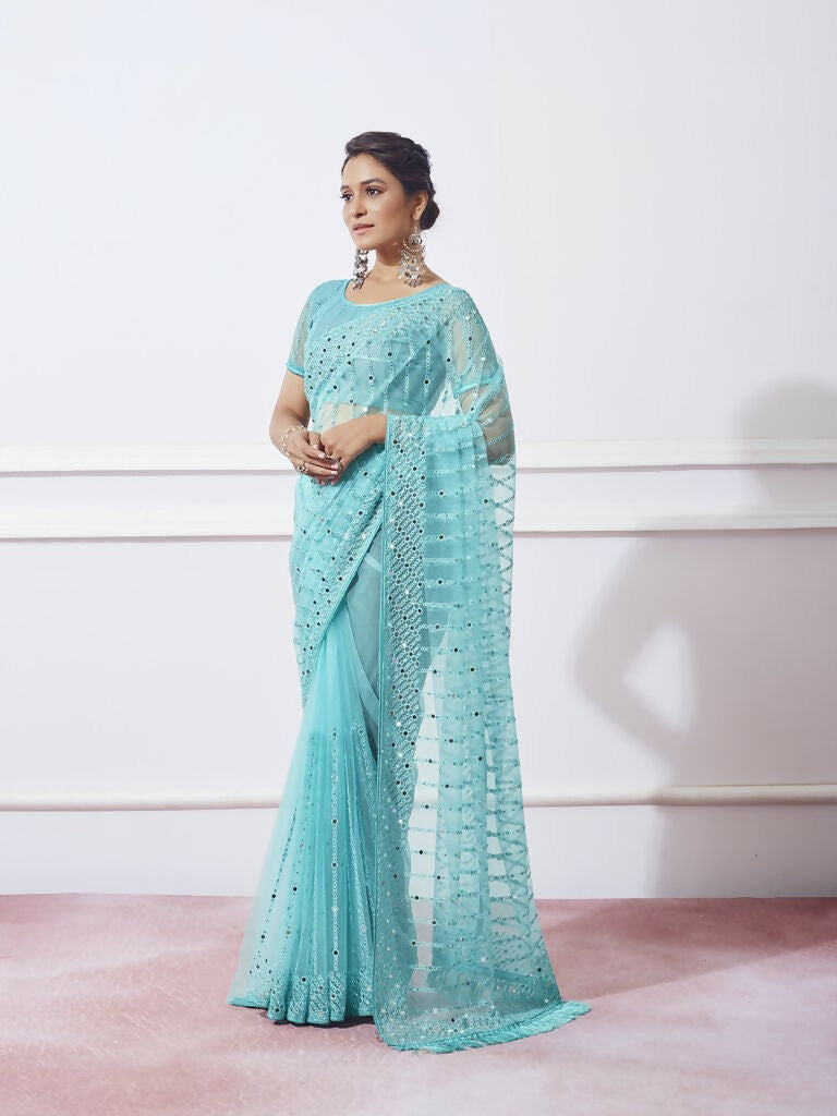 Blue Net Designer Thread Embroidery Work Saree with Unstitched Blouse - Vandini | Grocsy