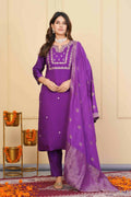 Purple Viscose Chanderi Embroidered Stitched Suit With Dupatta - Tanisha | Grocsy