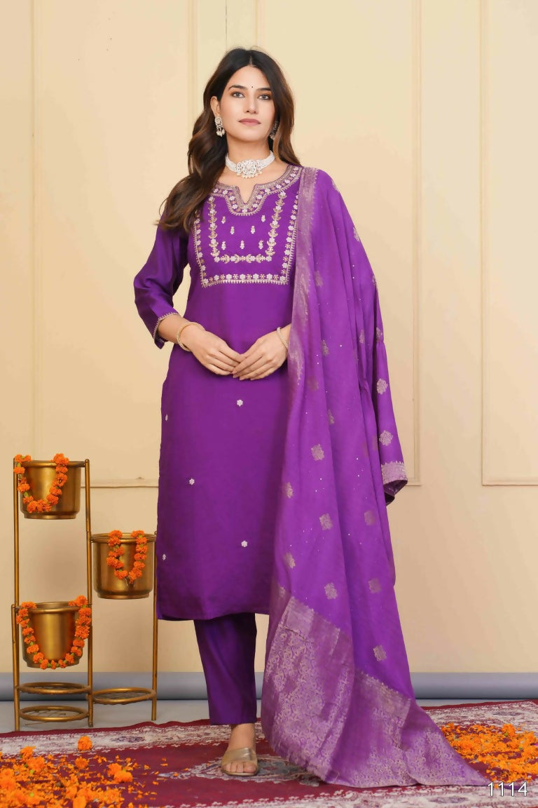 Purple Viscose Chanderi Embroidered Stitched Suit With Dupatta - Tanisha | Grocsy