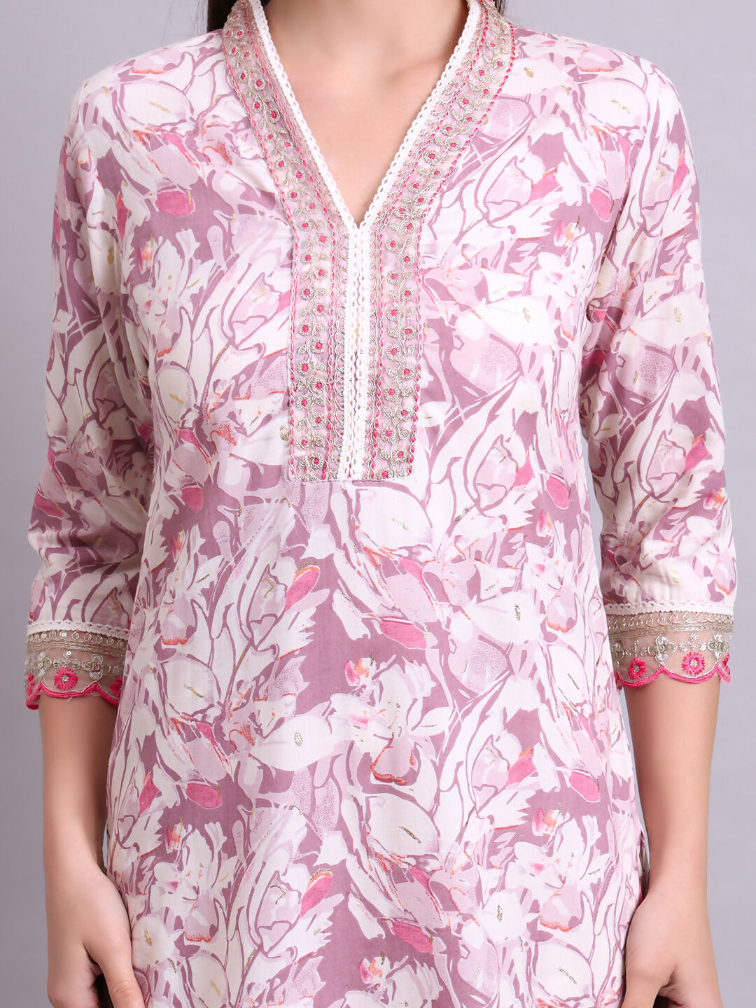 Joban Fashion Off White Cotton Floral Printed & Embroidery Work Kurta With Trousers & Dupatta Set | Grocsy