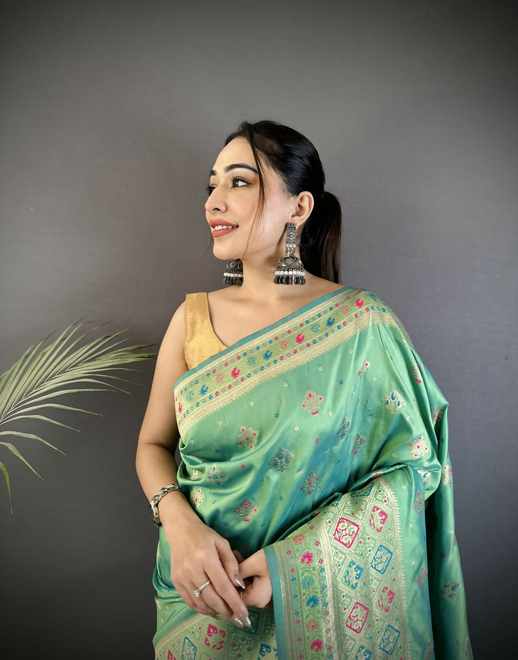 Joban Fashion Sea Green Geometric Pattern Soft Silk Patola Saree | Grocsy