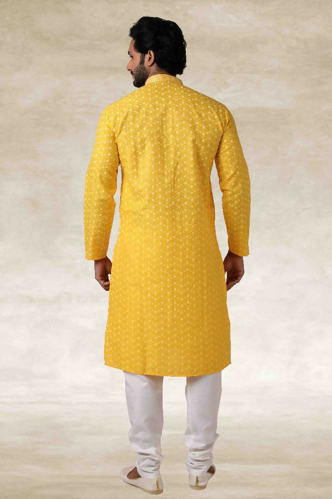 Raivat Ethnic Cotton Printed Work Kurta Pajama In Yellow Colour | Grocsy