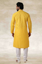 Raivat Ethnic Cotton Printed Work Kurta Pajama In Yellow Colour | Grocsy