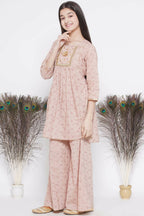 Little Bansi Floral Shiffli Kurta With Plazzo And Dupatta - Brown | Grocsy