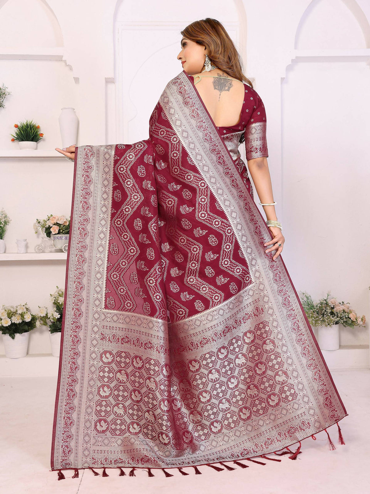 Aastha Fashion Maroon Georgette Silk Leheriya With Elegant Zari Weaving Saree | Grocsy
