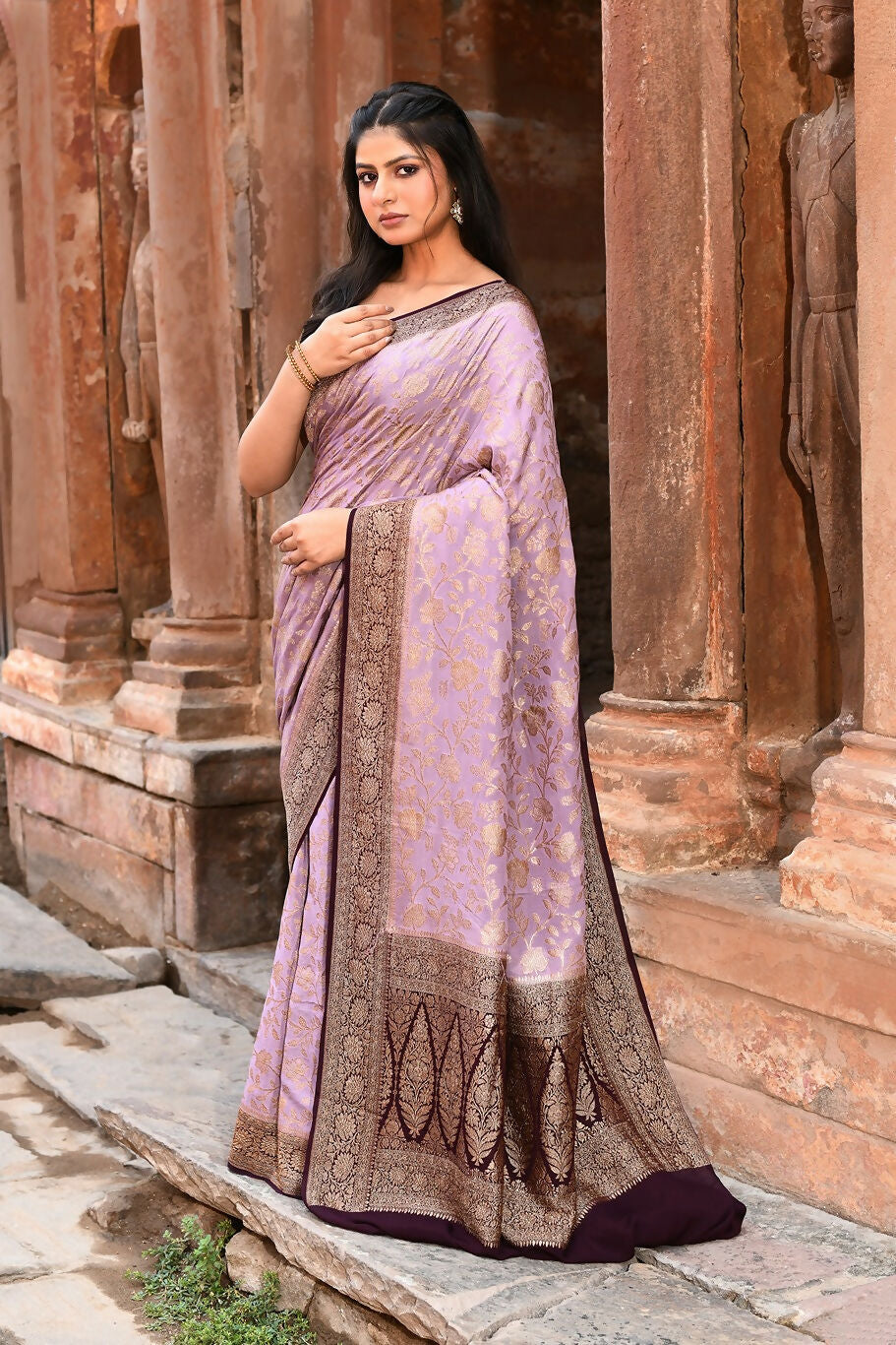 Joban Fashion Nude Pink Crepe Chiffon Pure Handloom Banarasi Silk Saree | Grocsy