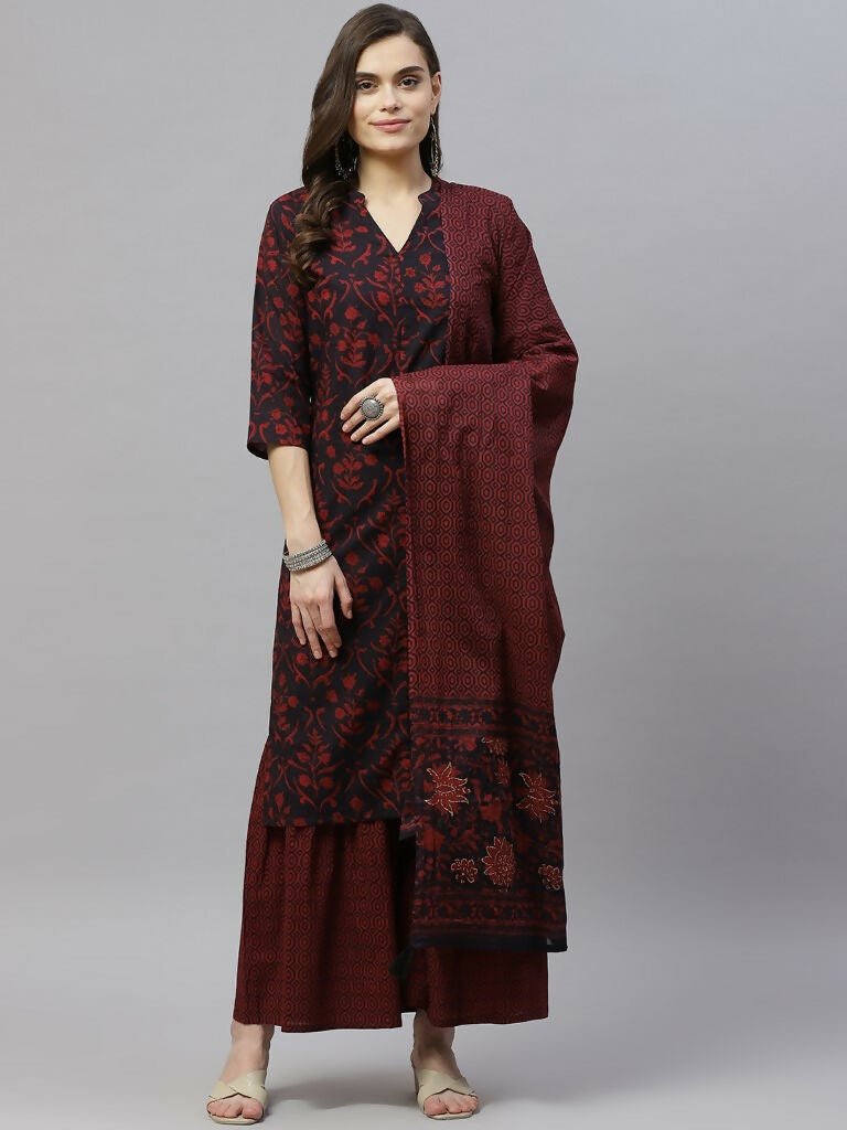 Miravan Women's Cotton Floral Print Straight Kurta Sharara And Dupatta Set | Grocsy
