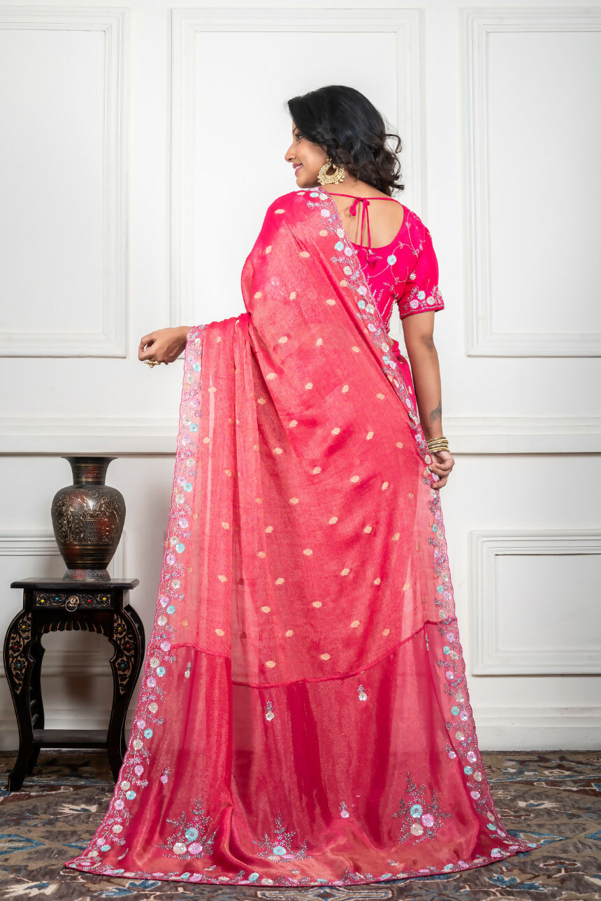 Morchari Pink Pure Chiffon Hand Embroidery Saree And Stitched Blouse | Grocsy