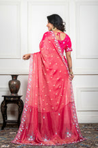 Morchari Pink Pure Chiffon Hand Embroidery Saree And Stitched Blouse | Grocsy