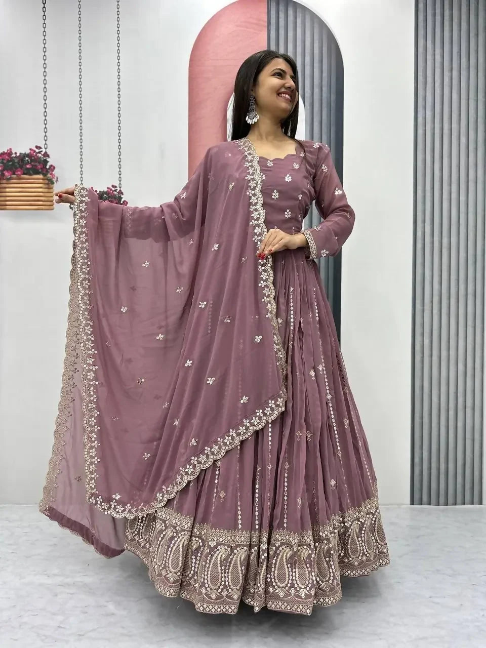 Teeya Creation Womens New Heavy Fox Georgette Fabric With Heavy Embroidery Work Gown Set | Grocsy