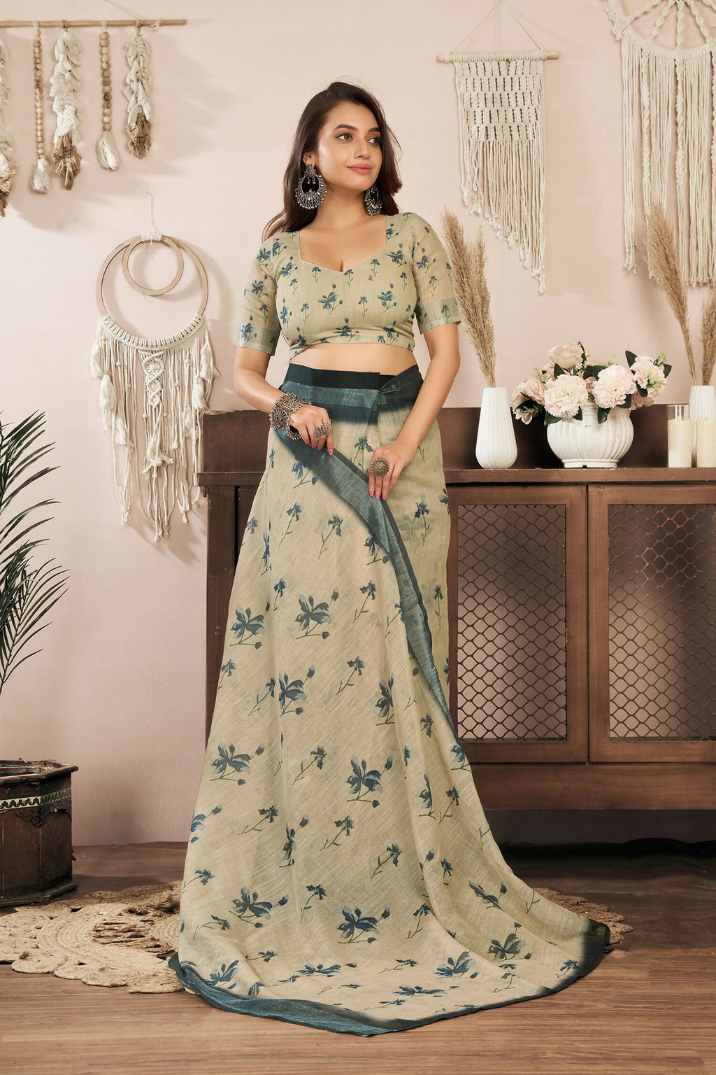 Joban Fashion Beige Floral Linen Ready To Wear Saree With Unstitched Blouse | Grocsy