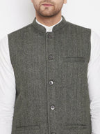 Even Apparels Green Wool Men Woven Nehru Jacket | Grocsy