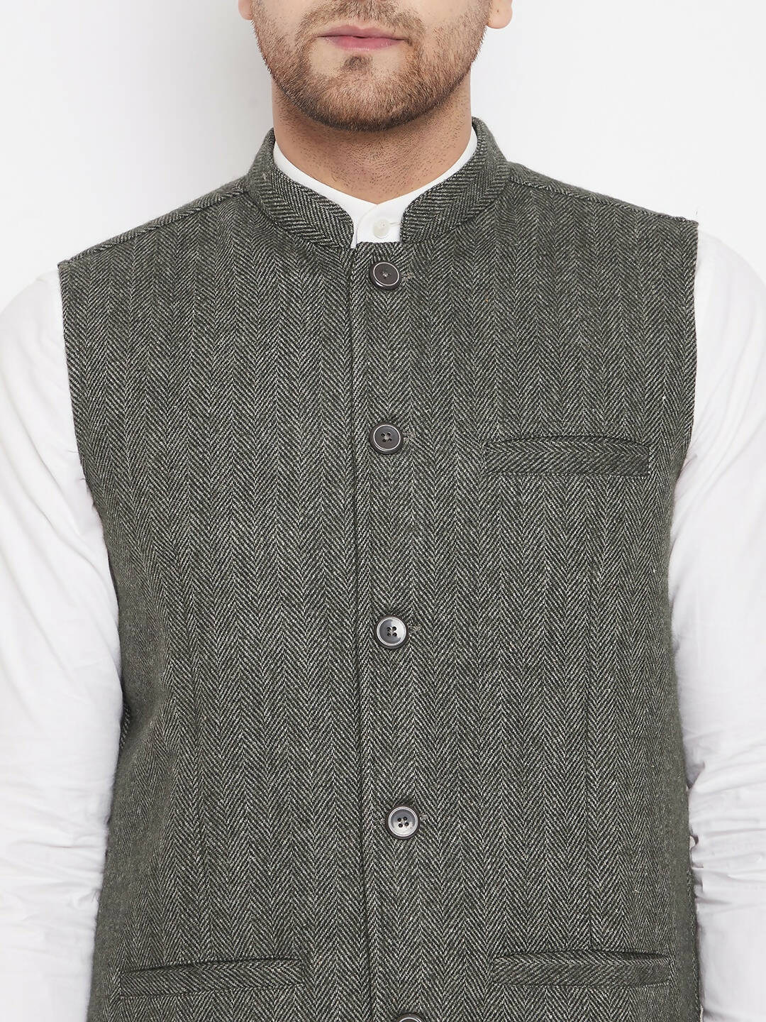 Even Apparels Green Wool Men Woven Nehru Jacket | Grocsy