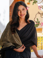Zibaa Black & Gold Mul Cotton Saree | Grocsy