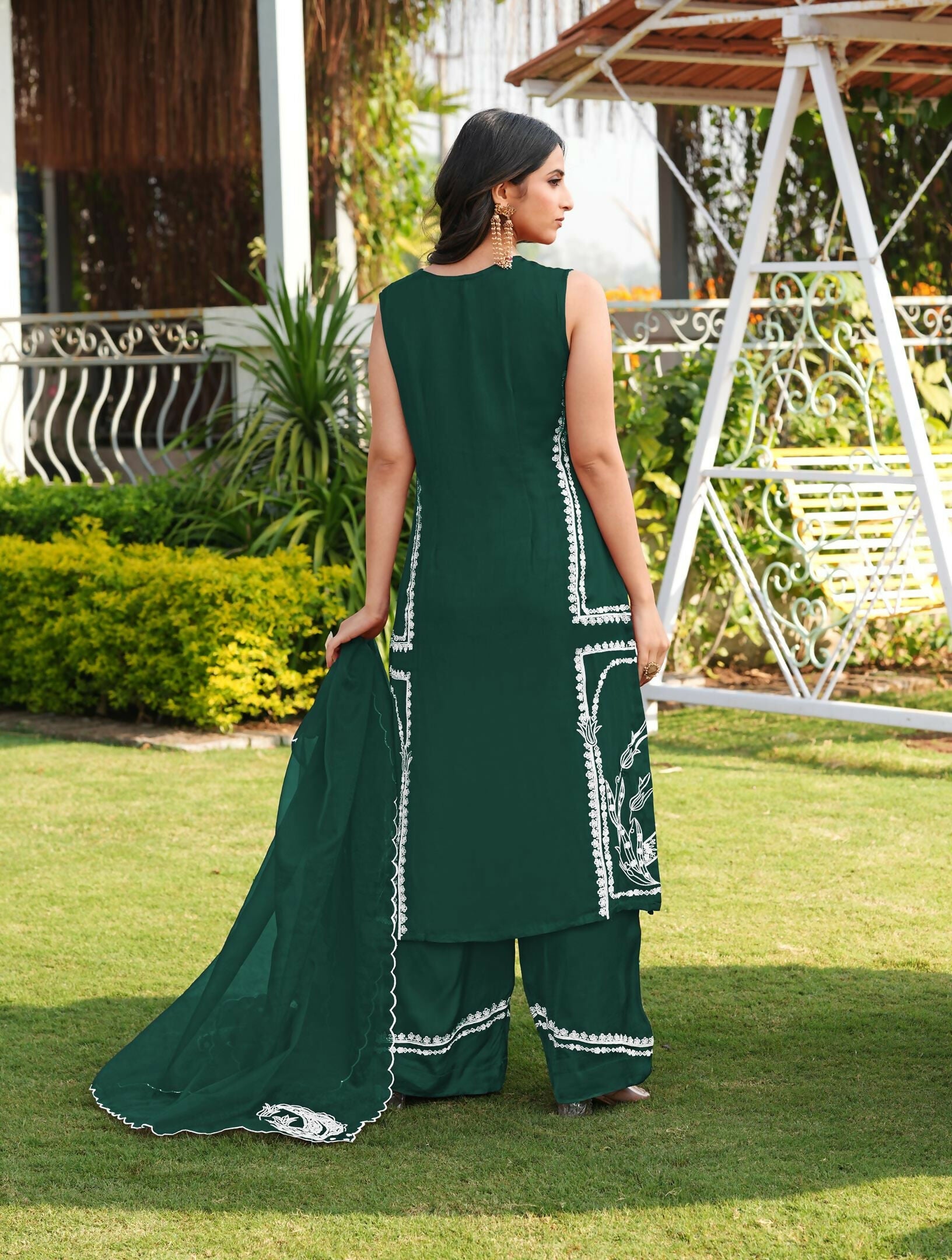 Nikhaar Dark Green Embroidered Modal Silk Stitched Straight Cut Kurta Culottes Dupatta Readymade Suit | Grocsy