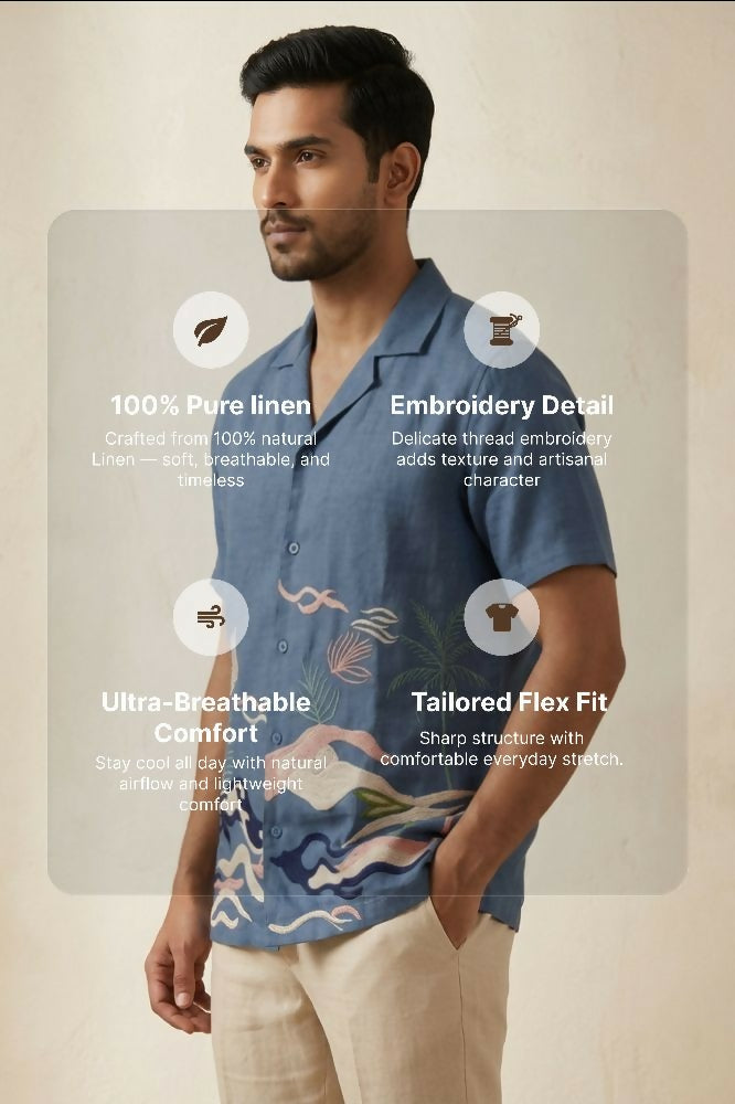Mirage — Deep Blue Embroidered Linen Shirt by Hilo Design | Grocsy