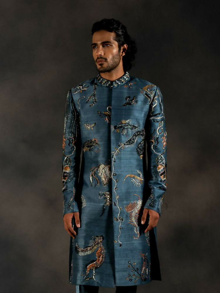 Deep Blue Hand Embroidered Indowestern Sherwani by Hilo Design | Grocsy