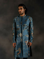Deep Blue Hand Embroidered Indowestern Sherwani by Hilo Design | Grocsy