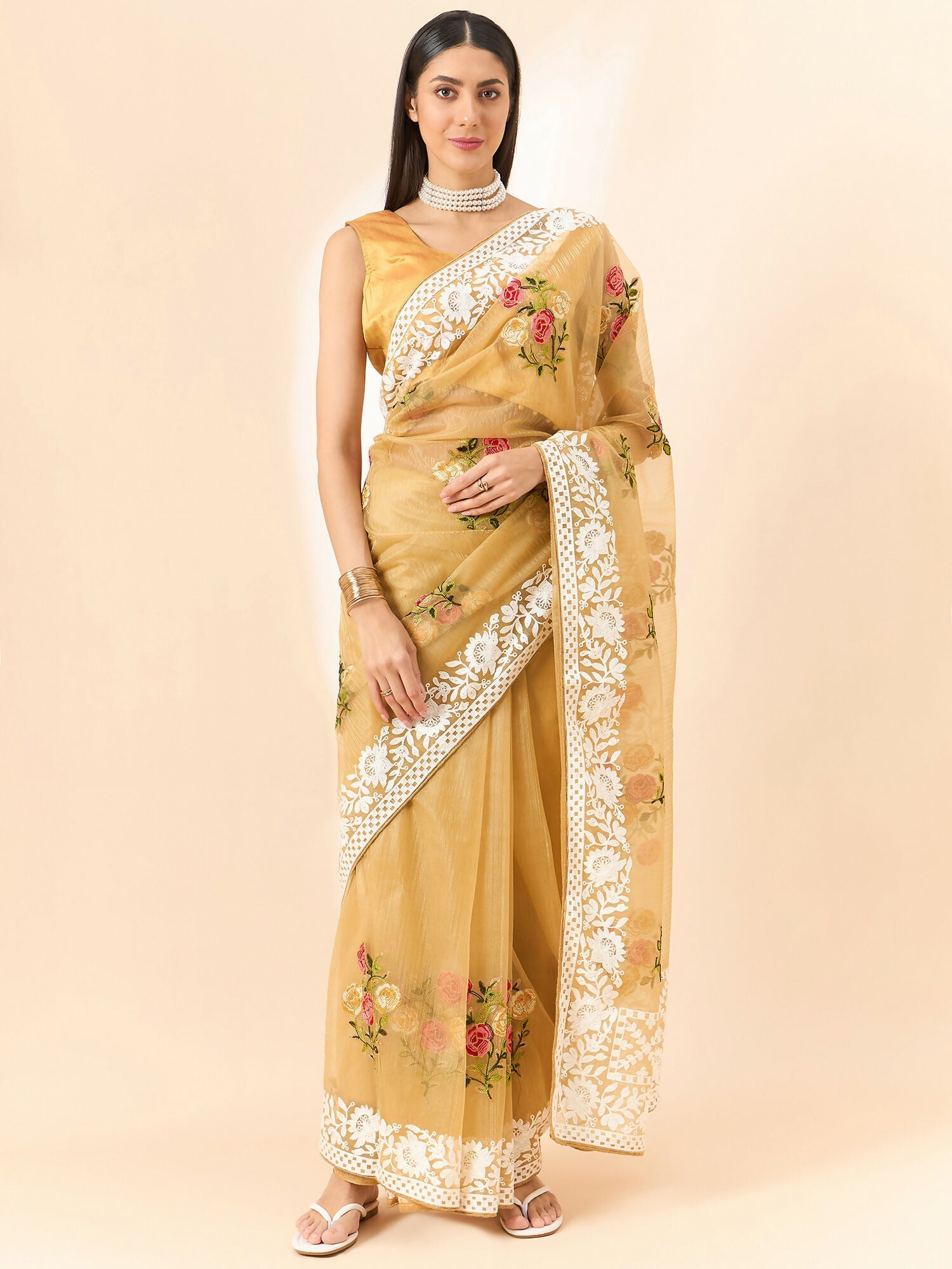 Beige Organza Floral Embroidered Saree with Unstitched Blouse Piece - Roozal | Grocsy