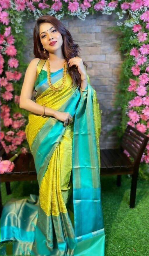 DEIANA'S Beautiful Designer Golden zari Soft Lichi Silk Saree - Yellow | Grocsy