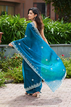 Vastranavya Teal Embroidery Work Shimmer Chiffon Saree with Unstitched Blouse | Grocsy