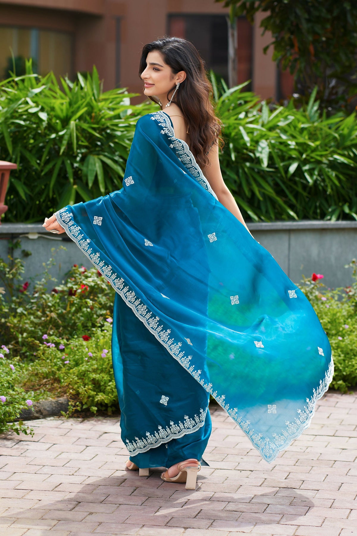Vastranavya Teal Embroidery Work Shimmer Chiffon Saree with Unstitched Blouse | Grocsy
