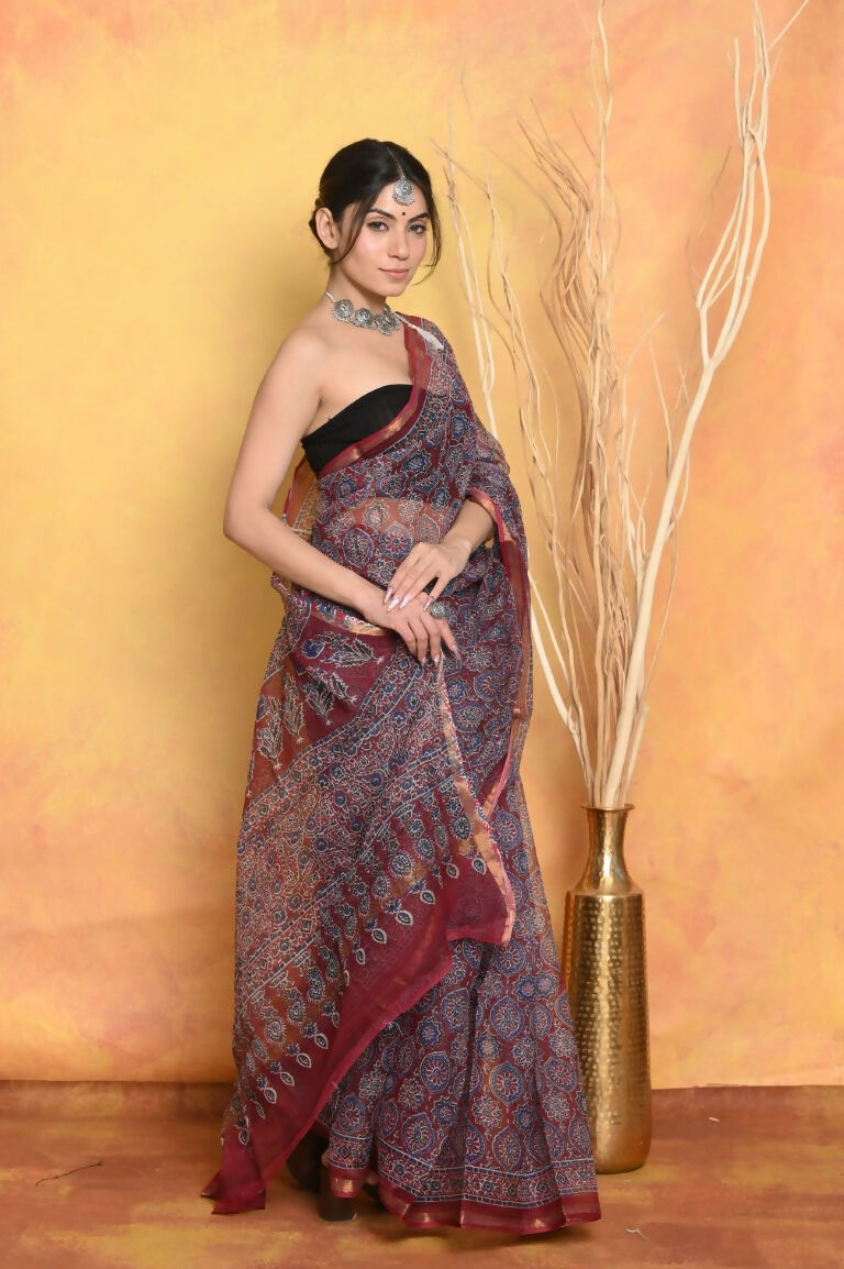 Very Much Indian Pure Kota Cotton Handblock Printed Saree - Grey | Grocsy
