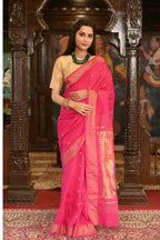 Very Much Indian Handloom Pure Cotton Paithani Radhakrishna Pallu-Rani Pink | Grocsy