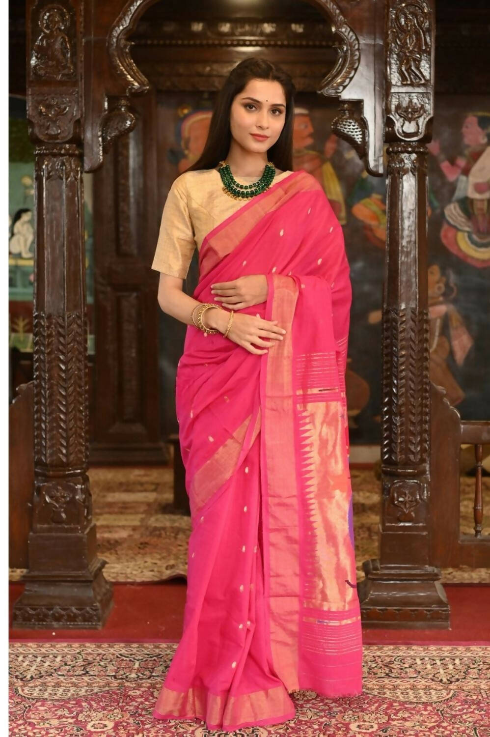 Very Much Indian Handloom Pure Cotton Paithani Radhakrishna Pallu-Rani Pink | Grocsy
