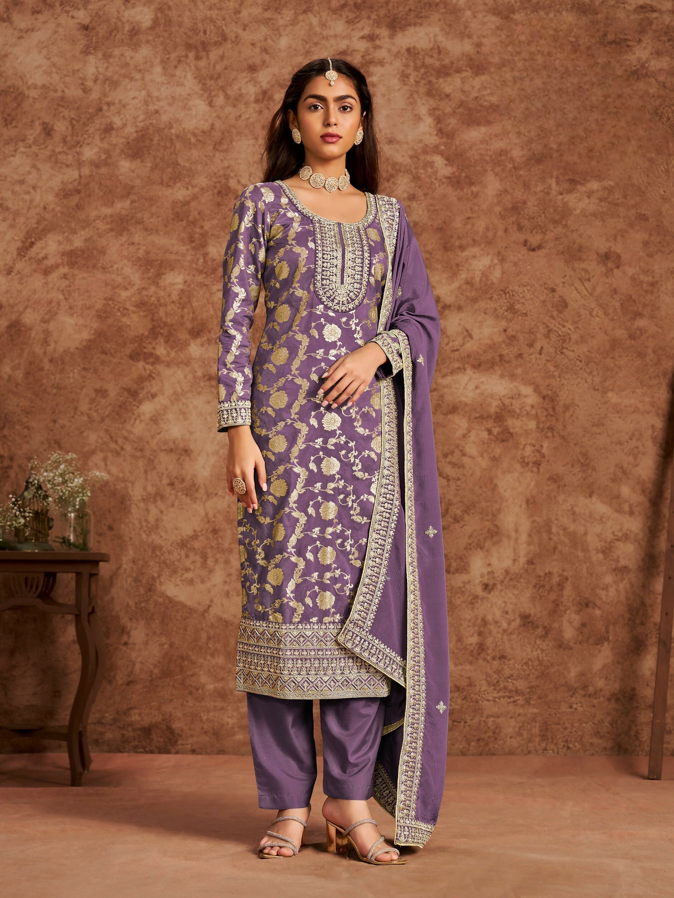 Anaita Purple Premium Dolla Jacquard Embroidered Stitched Salwar Suit | Grocsy