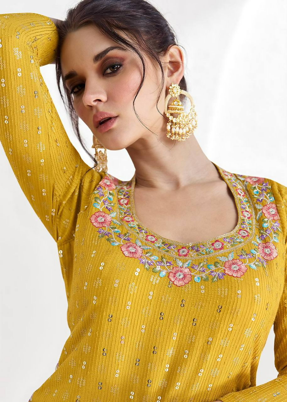 Lorenvalley Fashion Yellow Chinon Embroidery with Sequince Work Salwar Lehenga Stitched | Grocsy