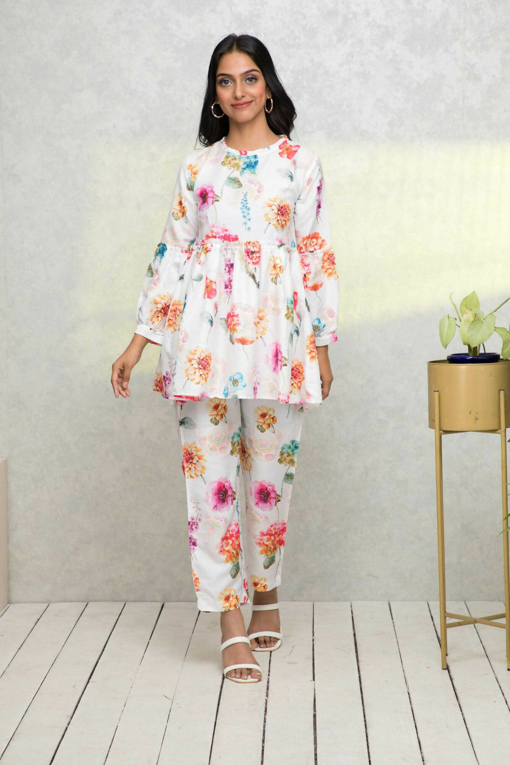 Myshka Women White Printed Romantic Florals Co-Ords | Grocsy