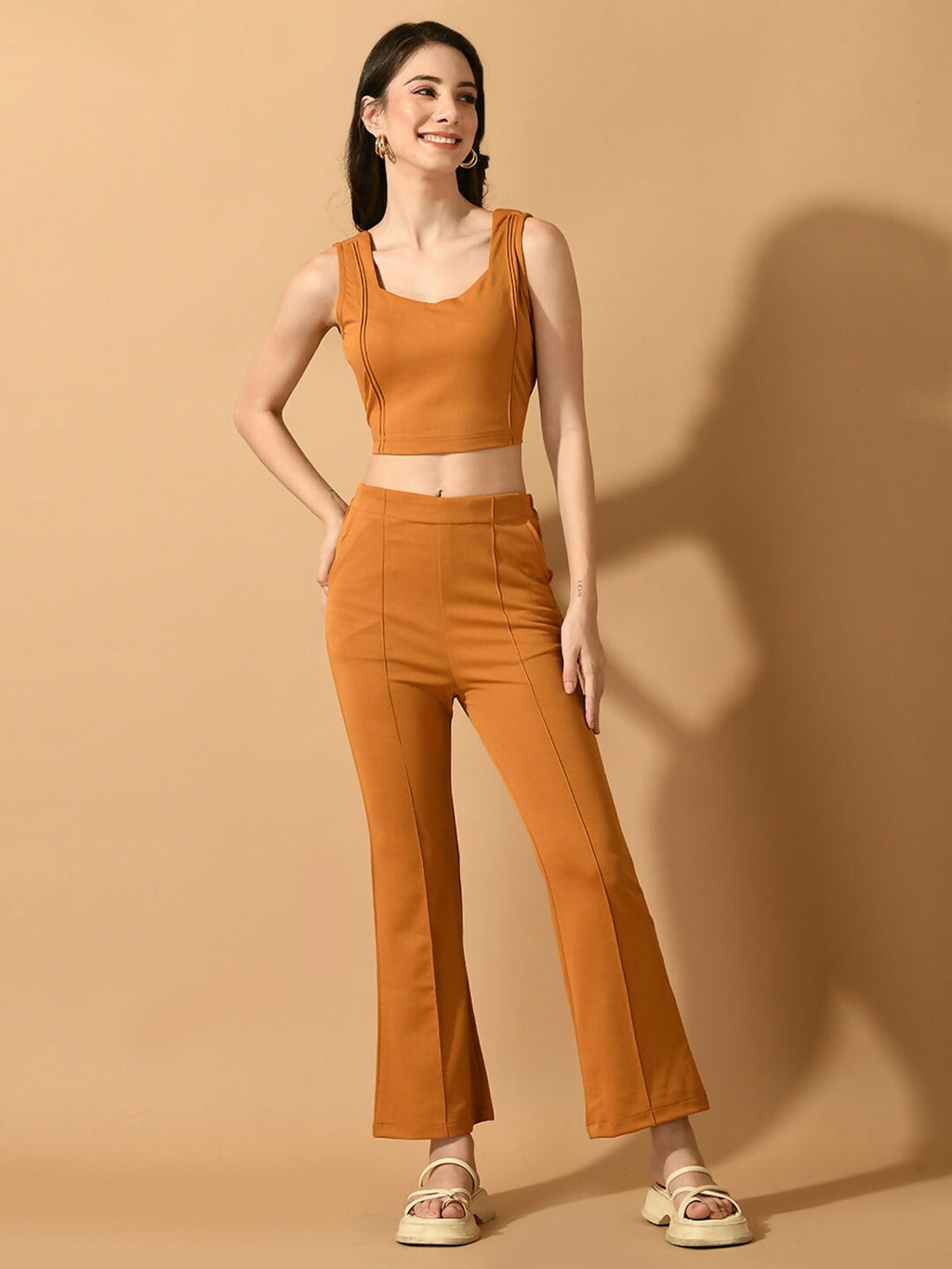 Myshka Women's Mustard Solid Top With Trousers | Grocsy