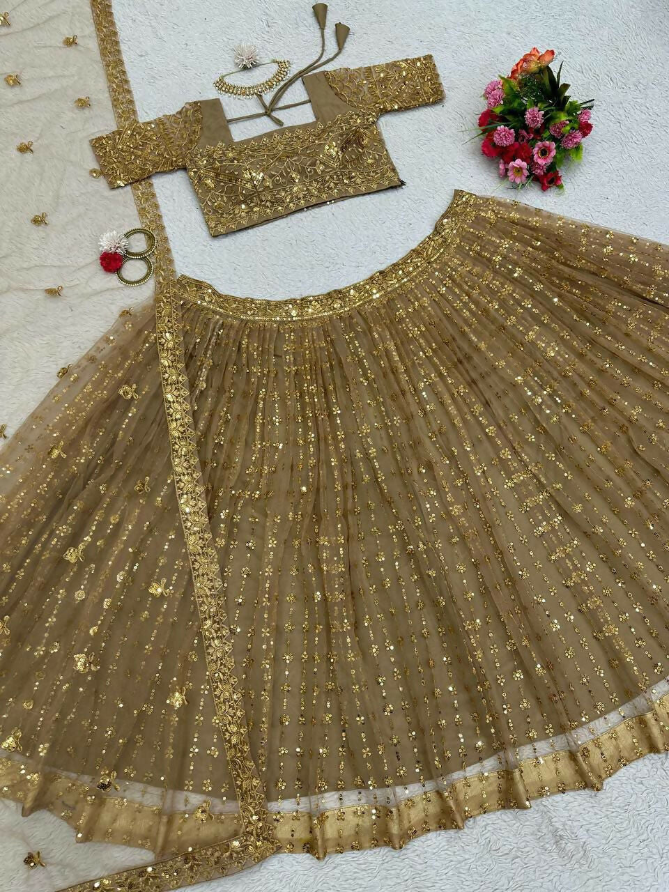 Jyoti Fashion Women's Beige Butterfly Net Sequins with Thread Embroidered Designer Lehenga Choli Set | Grocsy