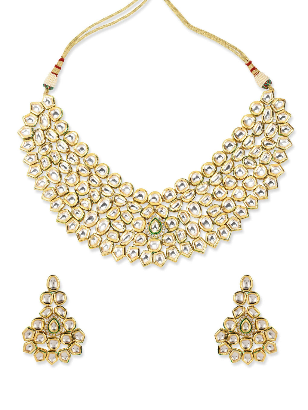 Gold-Polished Maharani Kundan Neckpiece With Earrings And Maang Tikka - Ruby Raang | Grocsy