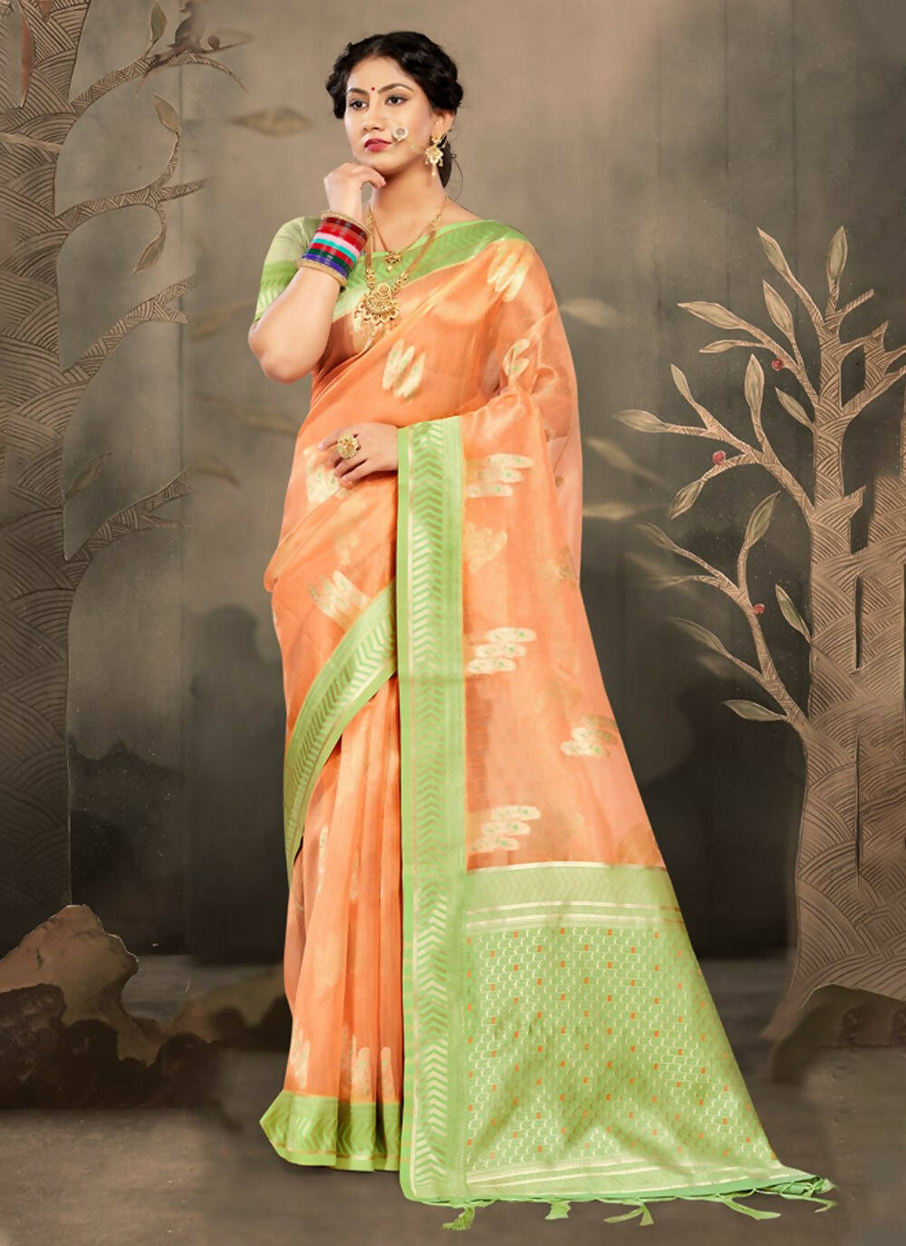 Orange Cotton Zari Woven Design Saree with Unstitched Blouse Piece - Aachal | Grocsy