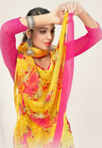 Yellow Georgette Floral Printed Saree With Unstitched Blouse Piece - Jyoti | Grocsy
