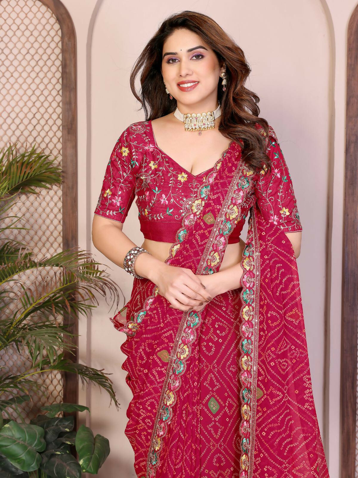 Teeya Creation Womens Trendy Simply Bandhej Georgette Saree-Red | Grocsy