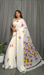 Exclusive Collection Beautiful White Purple Pure Cotton Hand Print Handloom Saree With Running Blouse Piece | Grocsy