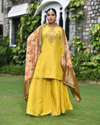 Vaasva Women's Silk Mustard Emboidered Solid Kurta, Sharara & Dupatta Set | Grocsy